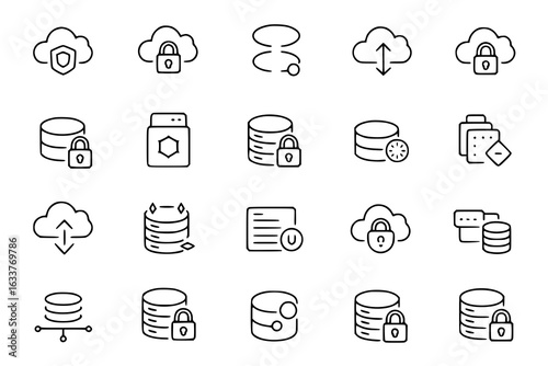 Data security icon set: cloud, database, lock, server, network, document, transfer, encryption, backup, restore. Minimalist vector line art icons, black and white, grid layout for web and app design.