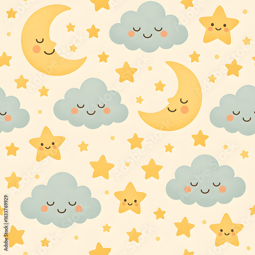 e moon, stars and clouds seamless pattern for baby night sky decor.