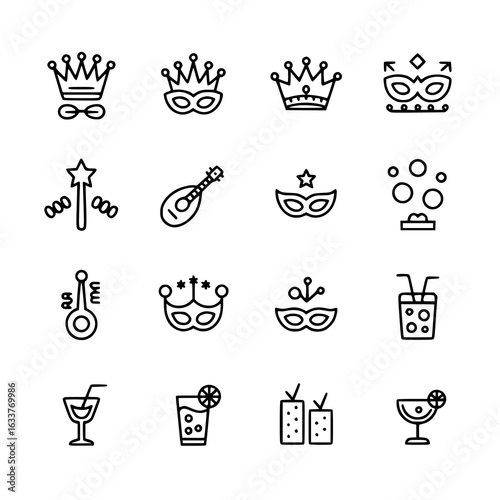 Party celebration icon set: Crowns, masks, magic wand, mandolin, drinks, confetti, stars. Minimalist line art vector illustration collection. Black and white design elements for festive events and hol