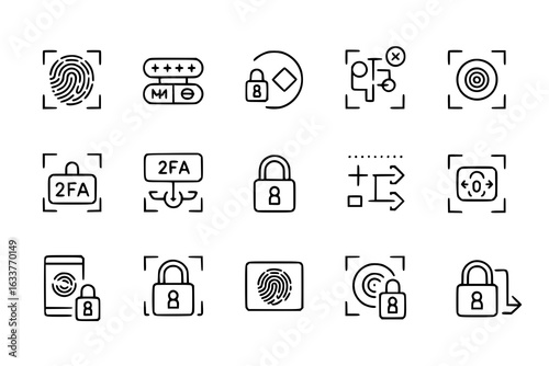 Cybersecurity icon collection: fingerprint scan, password, lock, 2FA, biometric authentication, data protection. Minimalist vector line art icons - black and white design elements for digital security