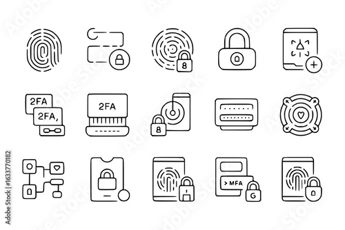 Cybersecurity icon collection - fingerprint, locks, 2FA, MFA, data protection, mobile security. Line art vector illustration set of digital security symbols, login, password, access. Simple black and 
