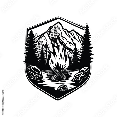Adventure badge logo featuring a white camp fire over rocky terrain with pine forest and mountains behind. Rugged flat-style vector in red, black, and white. Includes bonfire and flame vibes.