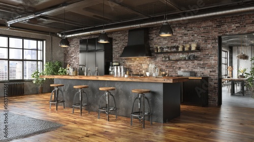 Modern industrial kitchen design with wooden bar and stylish stools in urban loft setting featuring exposed brick wall and large windows