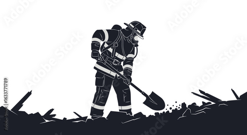 A firefighter in full gear diligently digs through debris with a shovel, symbolizing rescue and recovery efforts after a disaster.