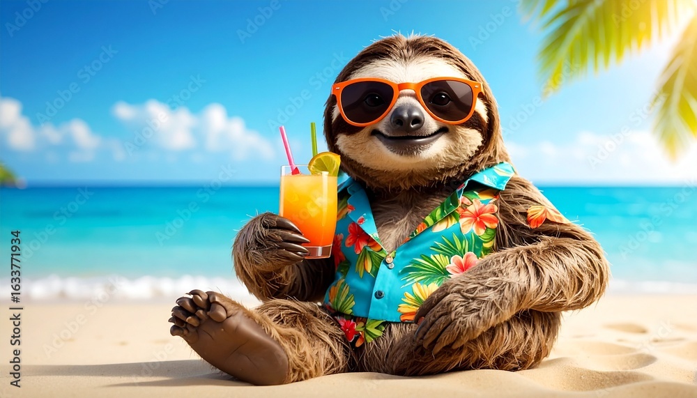custom made wallpaper toronto digitalA cool sloth in sunglasses and a floral shirt sits on a sunny tropical beach, holding a refreshing summer cocktail.