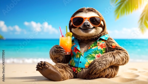 A cool sloth in sunglasses and a floral shirt sits on a sunny tropical beach, holding a refreshing summer cocktail.