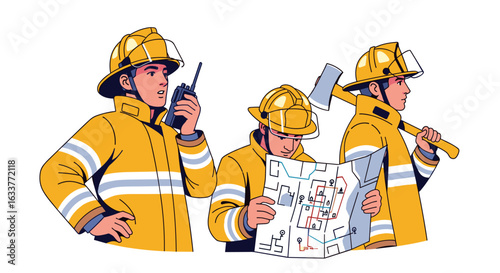 A team of professional firefighters in yellow protective gear prepares for an emergency, coordinating efforts with a radio, map, and axe.