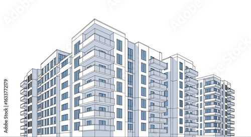 Modern residential apartment buildings with numerous balconies and windows showcasing contemporary architectural design styles