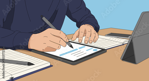 Focused individual diligently working on digital art projects and studying at a well-organized desk with multiple devices and notebooks