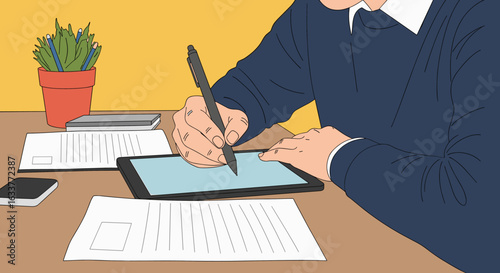 Artist sketching digital art on a tablet with stylus at desk surrounded by paperwork and a potted plant a creative workspace illustration
