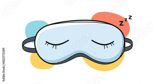 A light blue sleeping mask with closed eyes rests on a white background with colorful organic shapes and zzzs above the mask