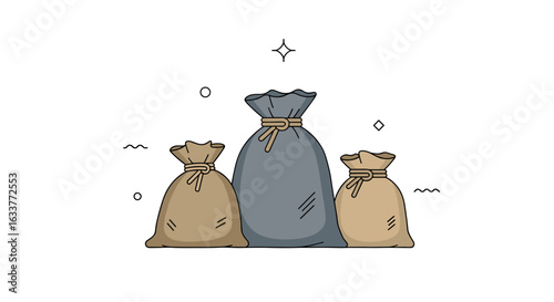Three drawstring burlap and grey bags filled with wealth and treasures standing in a line on a white background with sparse sparkling dots