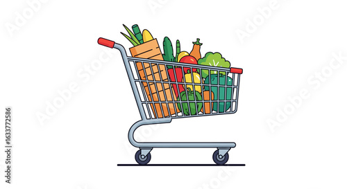 Illustration of a shopping cart filled with fresh fruits vegetables and groceries on a white background depicting healthy eating and a balanced diet