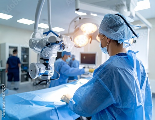 Medical technology: robotic surgery arm operating with precision inside a high-tech hospital operating room