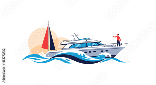 Enjoying a scenic sailboat journey on a luxury yacht under a warm setting sun amidst gentle ocean waves