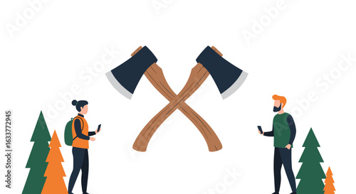 Outdoor adventure friends holding smartphones surrounded by trees with crossed axes overhead