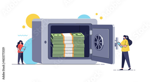 Securely storing wealth inside a large safe with stacked bundles of cash being observed safely