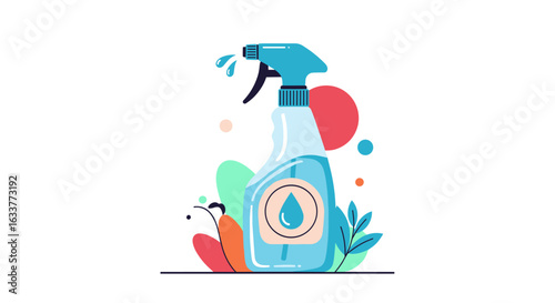 A cleaning spray bottle with a droplet icon on the label and botanical elements around it representing a clean and fresh environment