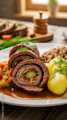 Delicious polish beef rolls or zrazy with potatoes and buckwheat served on a plate for dinner