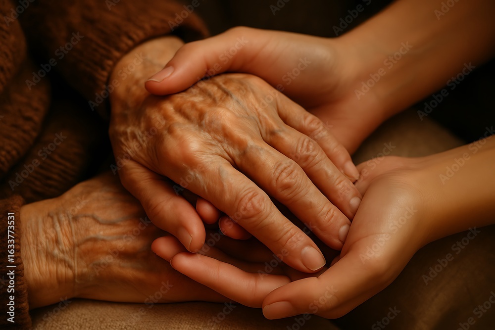 Fototapeta premium hands of elderly and young intertwined showing love and care, close up image of aging hands, healthcare and medical background
