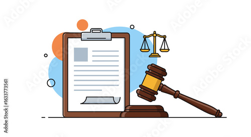 Legal justice and fair trial concepts represented by gavel and scales of justice symbolizing courtroom proceedings and legal documents