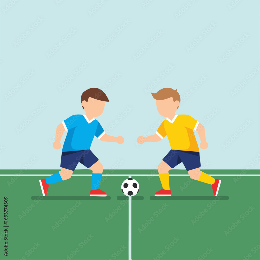 Fototapeta premium vector style Two kids playing football soccer on green grass