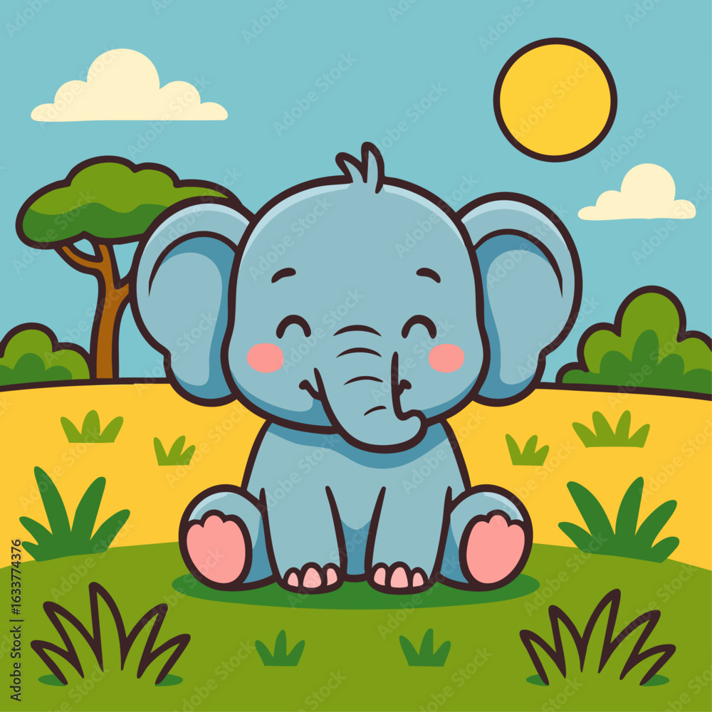Naklejka premium Cute Baby Elephant Vector Illustration in African Savanna Landscape