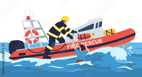 A firefighter in a yellow helmet reaches out to rescue a person from the water near a red and white fire rescue boat in a vector illustration.