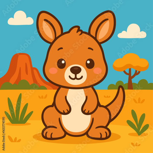 Cute Cartoon Kangaroo Vector Illustration in Australian Outback