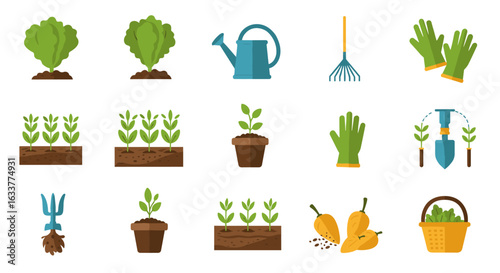 Gardening tools and plants set in flat design for horticulture enthusiasts