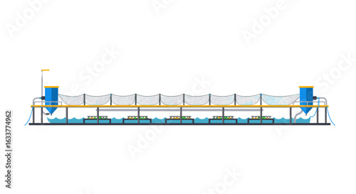 Modern aquaculture facility with fish farming tanks and nets in flat design