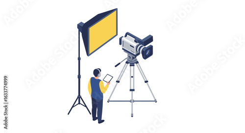 Isometric film production scene with director and camera setup