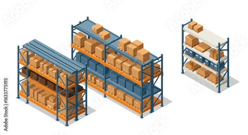 Isometric warehouse shelving with cardboard boxes and storage racks