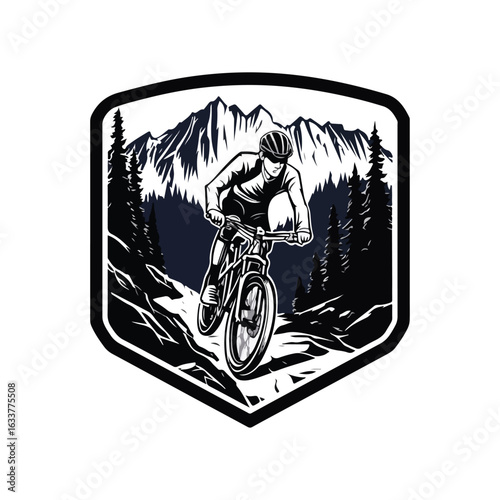 Adventure vector logo of a white man doing downhill cycling across rugged terrain, with pine forest and high mountain backdrop. Shield frame in flat black, white, and yellow. Freeride MTB energy.