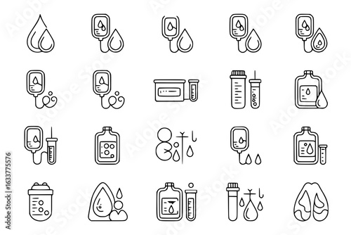 Blood donation icon set: IV drips, blood drops, test tubes, blood bags, transfusions, medical equipment. Vector line art illustrations. Healthcare, donation, medicine design elements. Monochrome graph