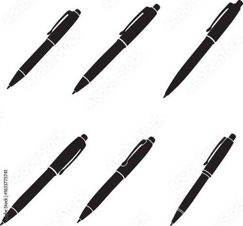 Collection of six black pen silhouettes on white background