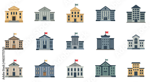 Collection of stylish government buildings with flags in flat design