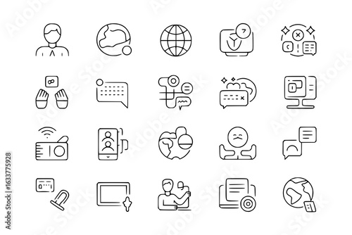 Language translation line icon set featuring speech bubbles, globes, computers, people, mobile devices, documents, and abstract symbols. Vector collection of black and white communication and translat