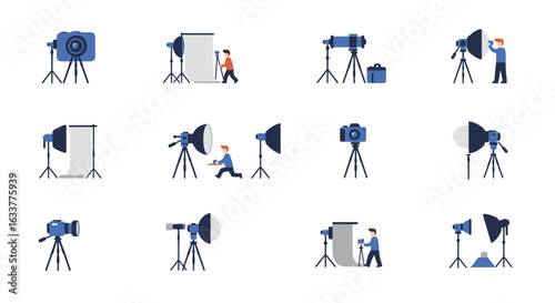 Photography studio equipment set with cameras and lighting in flat style