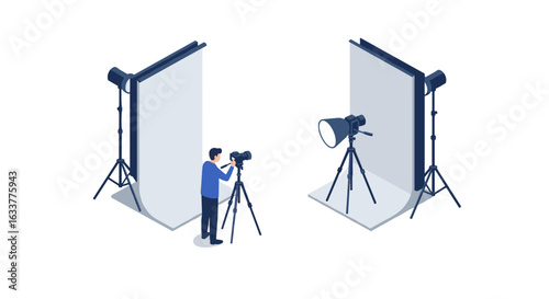 Isometric photography studio setup with lighting and backdrops