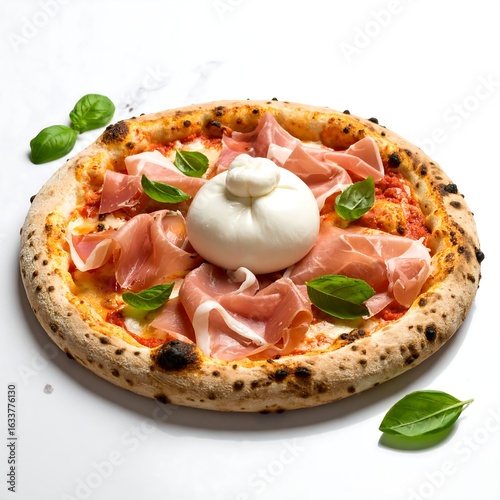 Neapolitan-style pizza topped with creamy burrata cheese and prosciutto, garnished with basil leaves