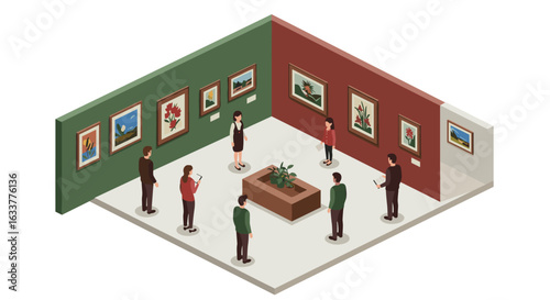 Isometric art gallery with people viewing paintings on walls