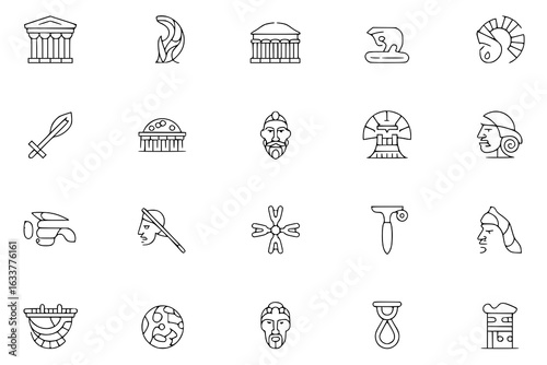 Ancient history icon set: Minimalist vector line art illustrations of Greek temples, Pantheon, Spartan helmet, Colosseum, statues, weaponry, and cultural artifacts. Monochrome design elements for educ