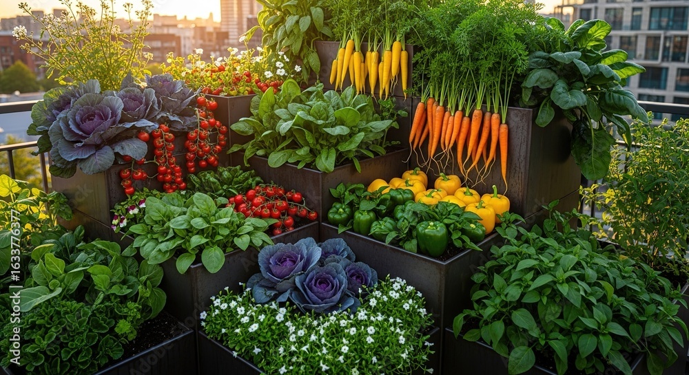 Fototapeta premium Urban garden with various vegetables and plants on a rooftop at sunset.