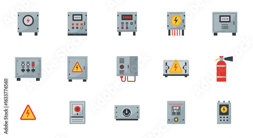 Industrial electrical equipment icons set for safety and control systems