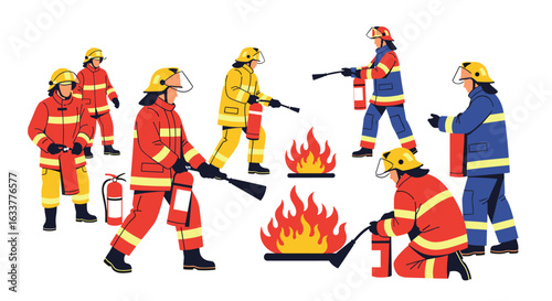 Illustrative depiction of firefighters in action, extinguishing flames with fire extinguishers and hoses, set against a clean white background, showcasing emergency response.