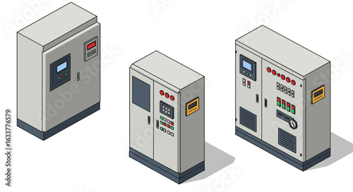 Modern isometric power control panels with digital displays