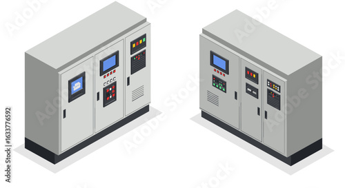 Isometric industrial control panels with digital displays and buttons