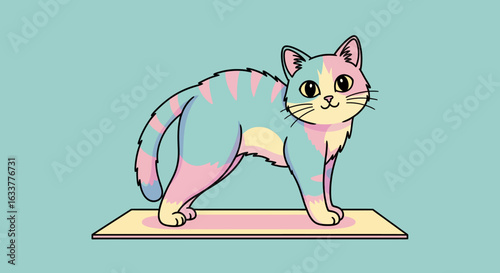 Pastel-colored cat standing on a yoga mat, illustrated in a cute cartoon style against a light teal background, showcasing a playful and peaceful mood.