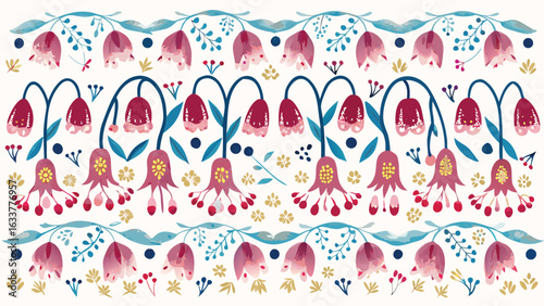 Floral pattern with red bell shaped flowers and watercolor style leaves in a repeating horizontal row